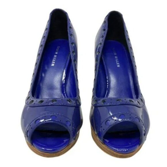 Karen Millen Electric Blue Patent Calf Leather Peep Toe Pumps - Size 8.5 - Picture 3 of 7